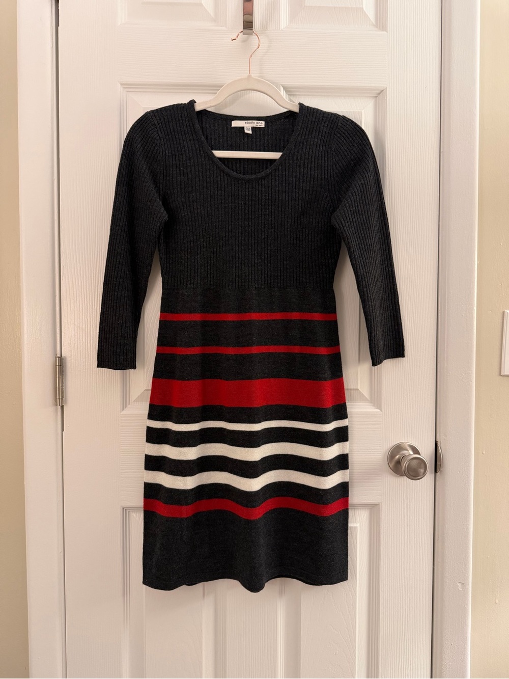 Studio One Gray Red White Stripe Knit Sweater Dress XS